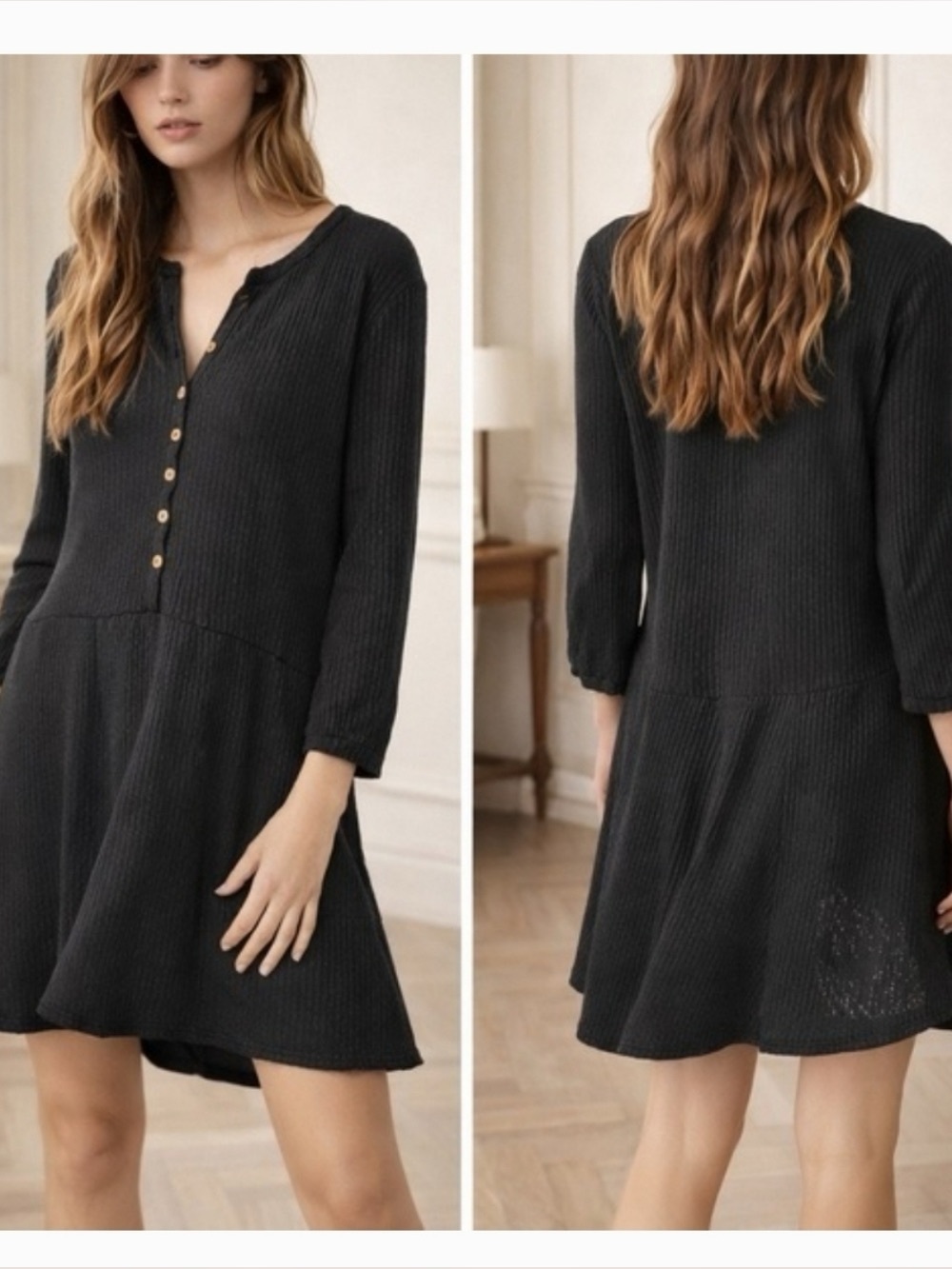 Free People Beach Blossom Black Ribbed Button Front Boho Mini‎ Dress size xs